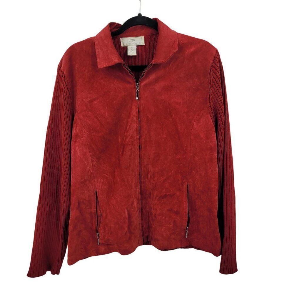 Vtg‎ Red Ribbed Knit Long Sleeve Suede Sweater Jacket Shacket Sz L Cardigan Zip